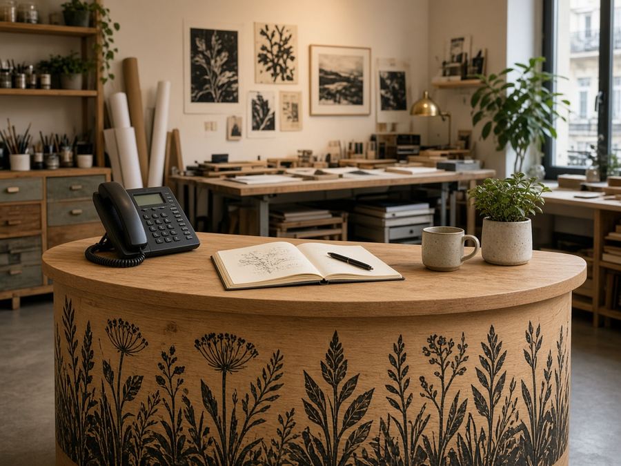 Contact desk at Lunar Meadow Print Studio in Luxembourg City