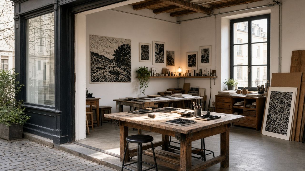 Printmaking / linocut studio full-bleed at Lunar Meadow Print Studio